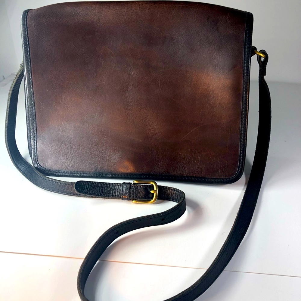 VINTAGE LEATHER CROSSBODY SATCHEL BAG 2 TONE BLACK BURGUNDY BROWN